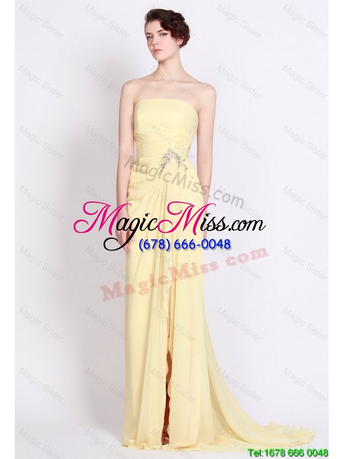 wholesale beautiful strapless beaded and high slit prom dresses in yellow