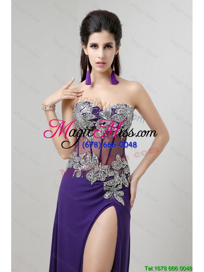 wholesale popular brush train prom dresses with beading and high slit