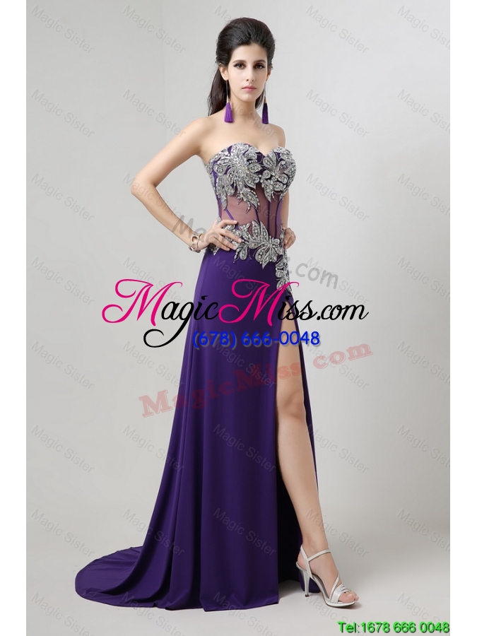 wholesale popular brush train prom dresses with beading and high slit