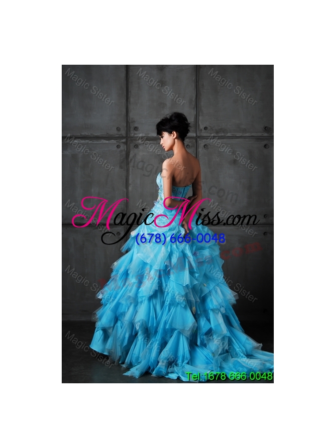 wholesale 2015 winter popular ball gown appliques and ruffles wedding gowns in aqua blue