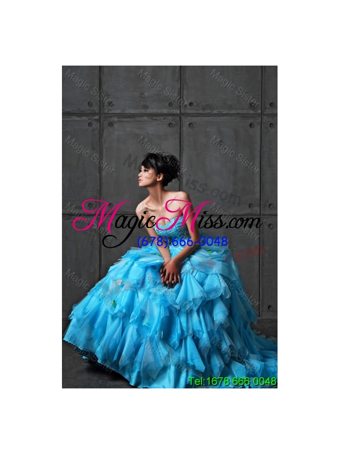 wholesale 2015 winter popular ball gown appliques and ruffles wedding gowns in aqua blue