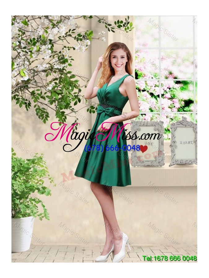wholesale wonderful v neck bowknot hunter green prom dresses with knee length