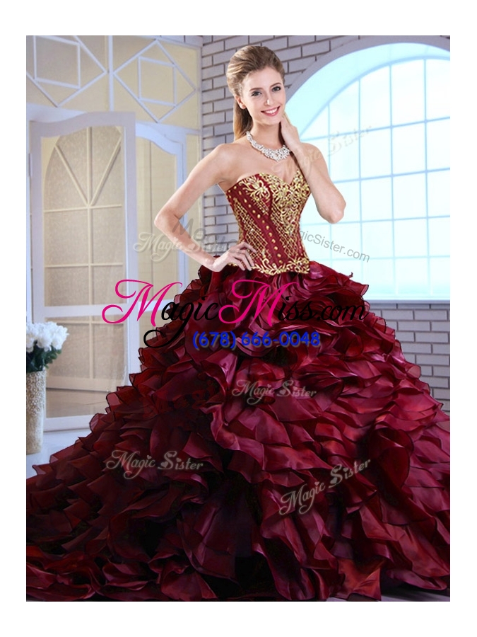 wholesale best brush train ruffles and appliques sweet fifteen dresses gowns in wine red