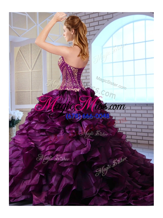 wholesale best brush train ruffles and appliques sweet fifteen dresses gowns in wine red