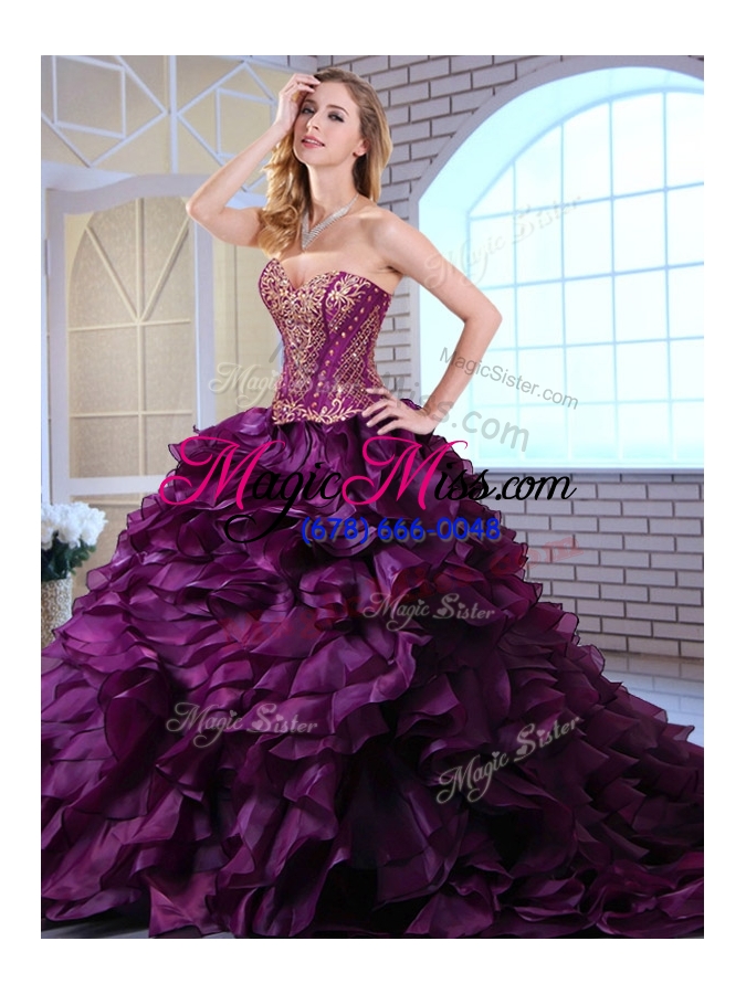 wholesale wonderful brush train dark purple sweet 16 dresses with ruffles and appliques