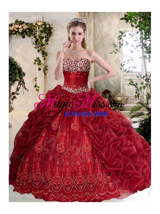 wholesale gorgeous brush train wine red quinceanera gowns with embroidery