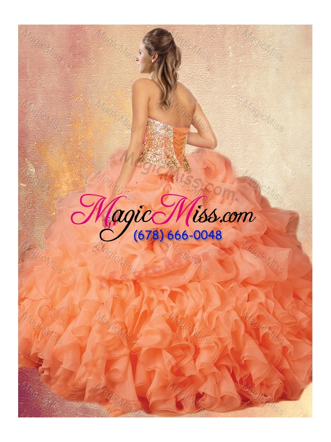 wholesale customized brush train sweet 16 gowns with ruffles and pick ups