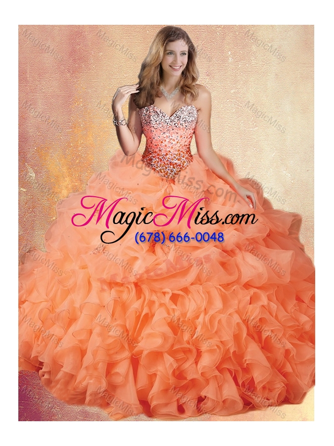 wholesale customized brush train sweet 16 gowns with ruffles and pick ups