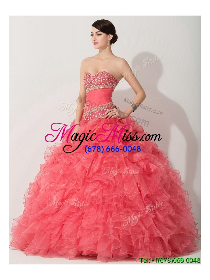 wholesale princess coral red sweet 16 dress with beading and ruffles