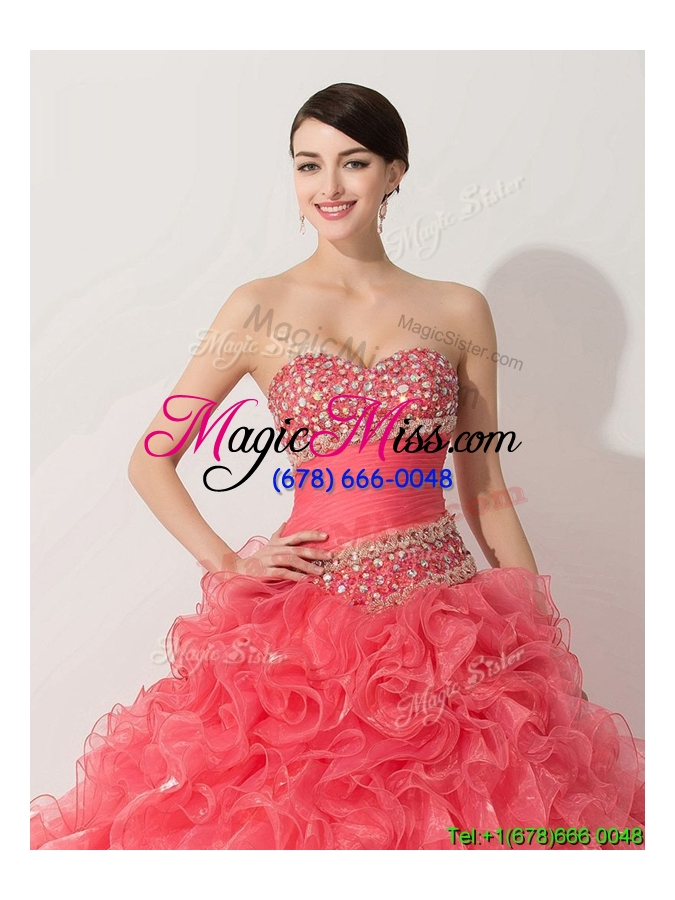 wholesale princess coral red sweet 16 dress with beading and ruffles