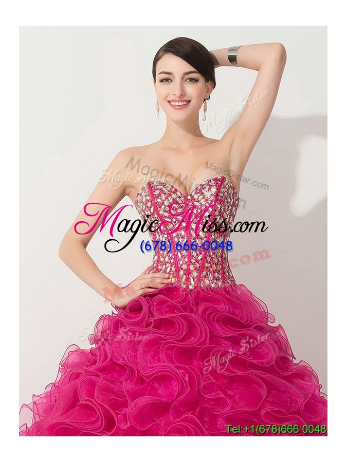 wholesale visible boning hot pink quinceanera gown with beading and ruffles