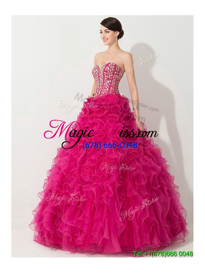 wholesale visible boning hot pink quinceanera gown with beading and ruffles