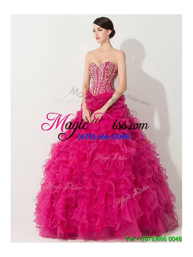 wholesale visible boning hot pink quinceanera gown with beading and ruffles