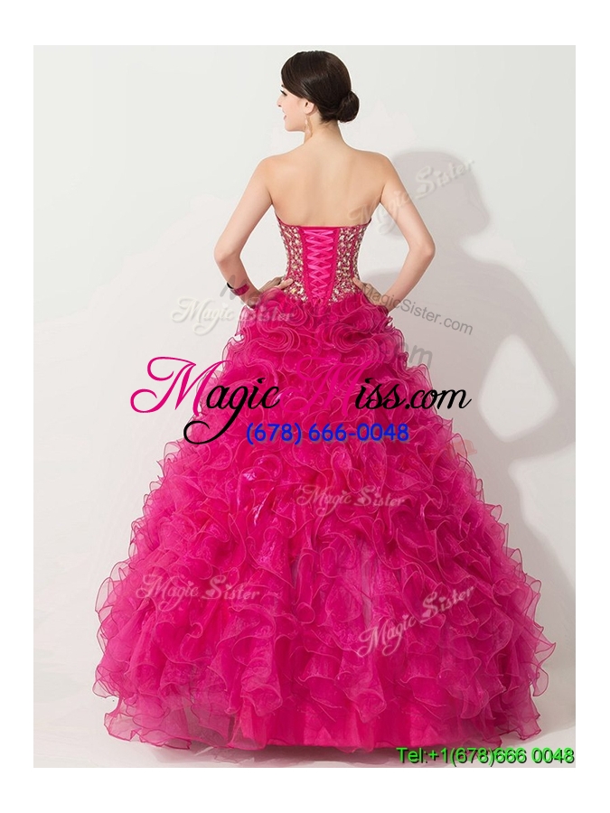 wholesale visible boning hot pink quinceanera gown with beading and ruffles