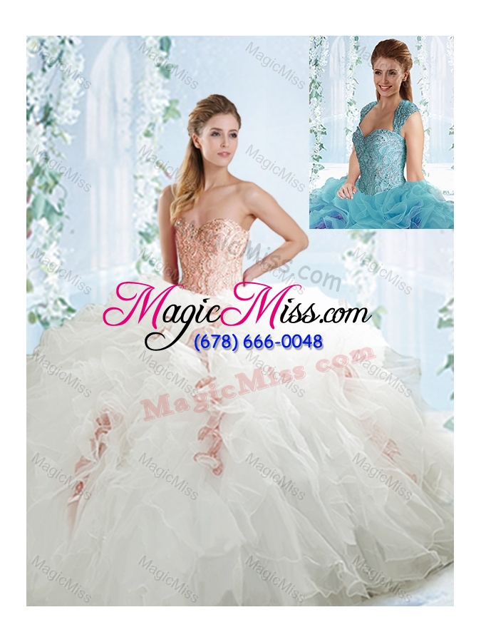 wholesale classical organza white detachable sweet 16 gowns with beading and ruffles