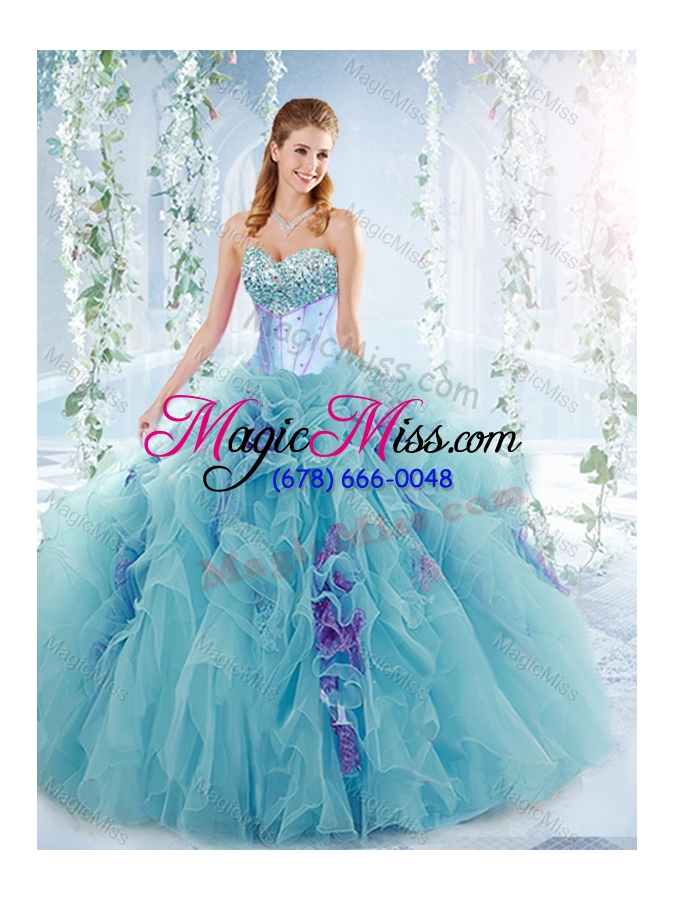 wholesale exquisite beaded bust and ruffled detachable quinceanera gowns  in aqua blue