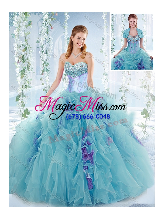 wholesale exquisite beaded bust and ruffled detachable quinceanera gowns  in aqua blue