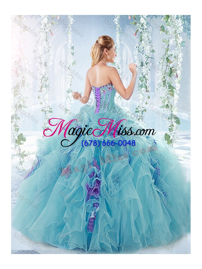 wholesale exquisite beaded bust and ruffled detachable quinceanera gowns  in aqua blue