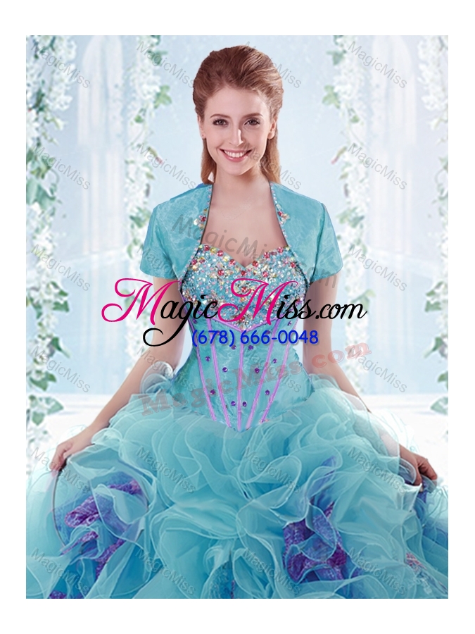 wholesale exquisite beaded bust and ruffled detachable quinceanera gowns  in aqua blue