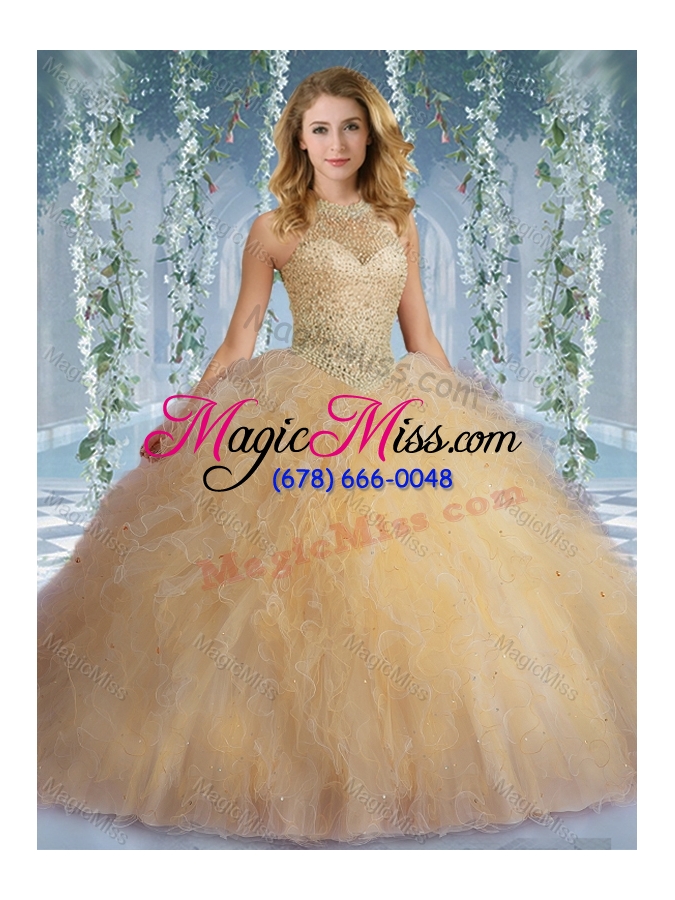 wholesale sweet sixteen dress with beaded decorated bodice and high neck