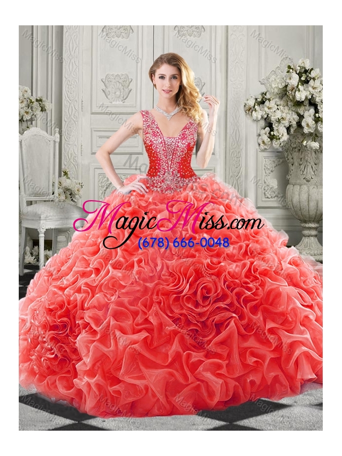 wholesale popular beaded and ruffled aqua blue unique quinceanera dress with detachable straps