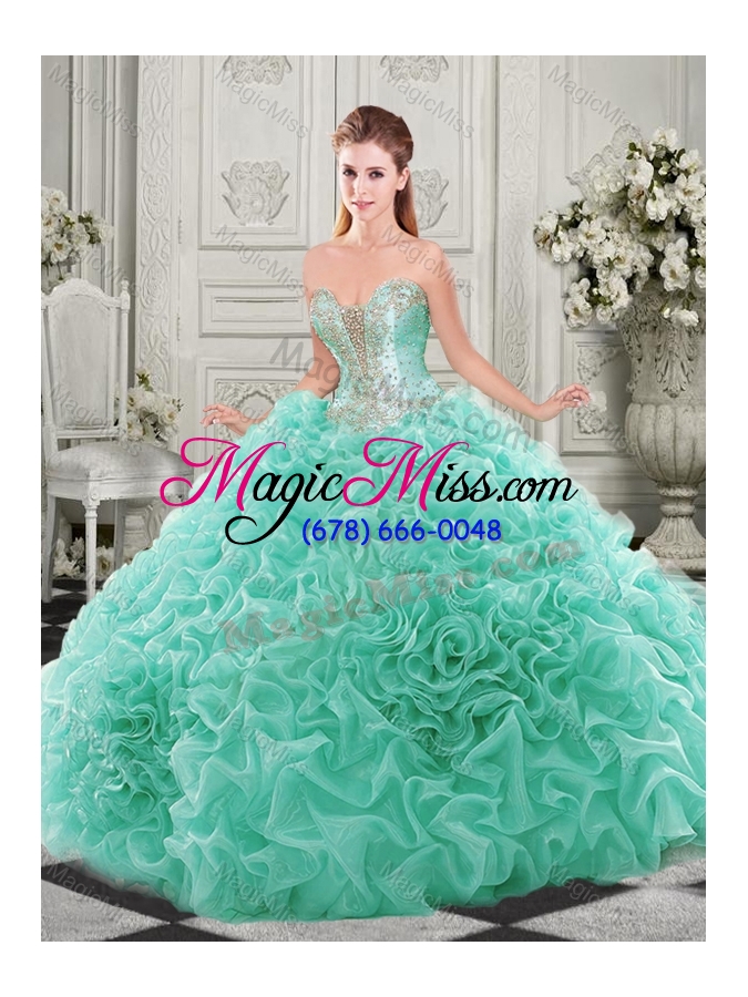 wholesale popular beaded and ruffled aqua blue unique quinceanera dress with detachable straps