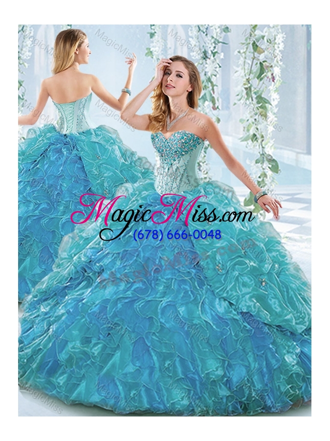 wholesale beautiful organza blue unique quinceanera dresses  with ruffles and beading