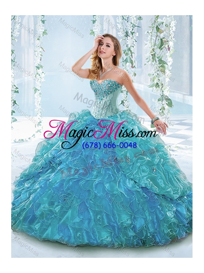 wholesale beautiful organza blue unique quinceanera dresses  with ruffles and beading