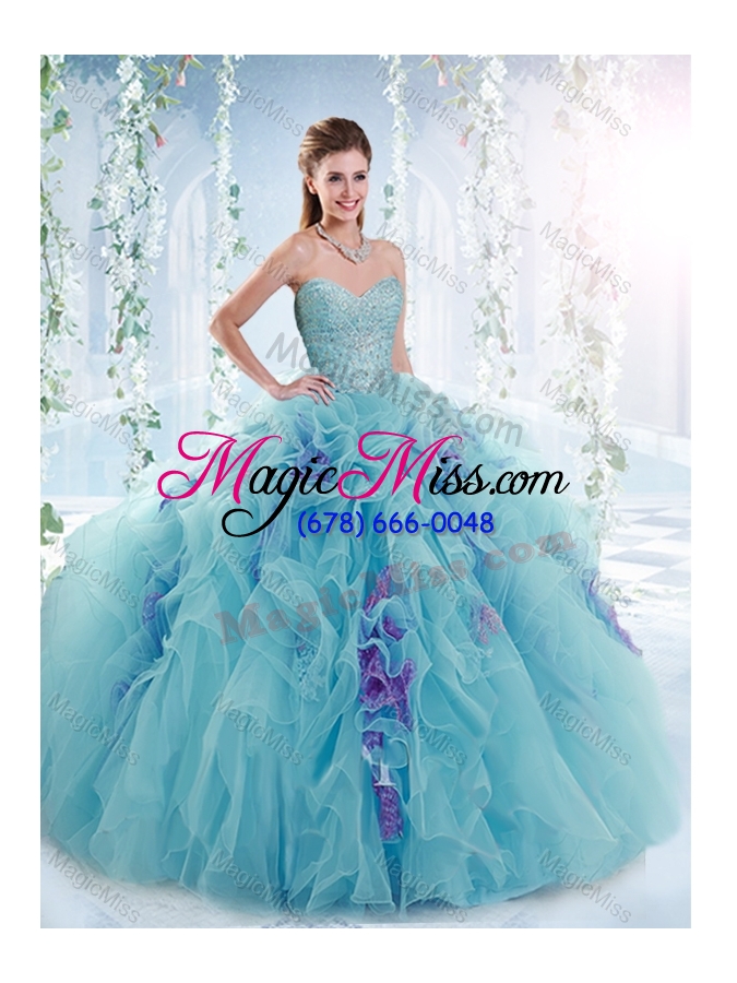 wholesale cheap beaded bodice and ruffled detachable sweet 16 dresses in aquamarine