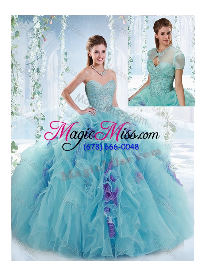 wholesale cheap beaded bodice and ruffled detachable sweet 16 dresses in aquamarine