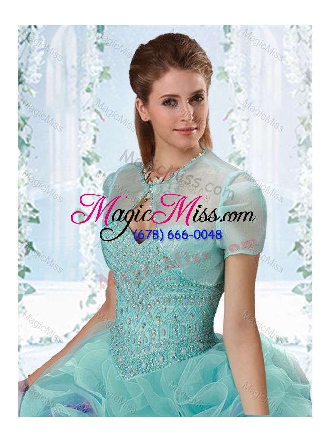 wholesale cheap beaded bodice and ruffled detachable sweet 16 dresses in aquamarine