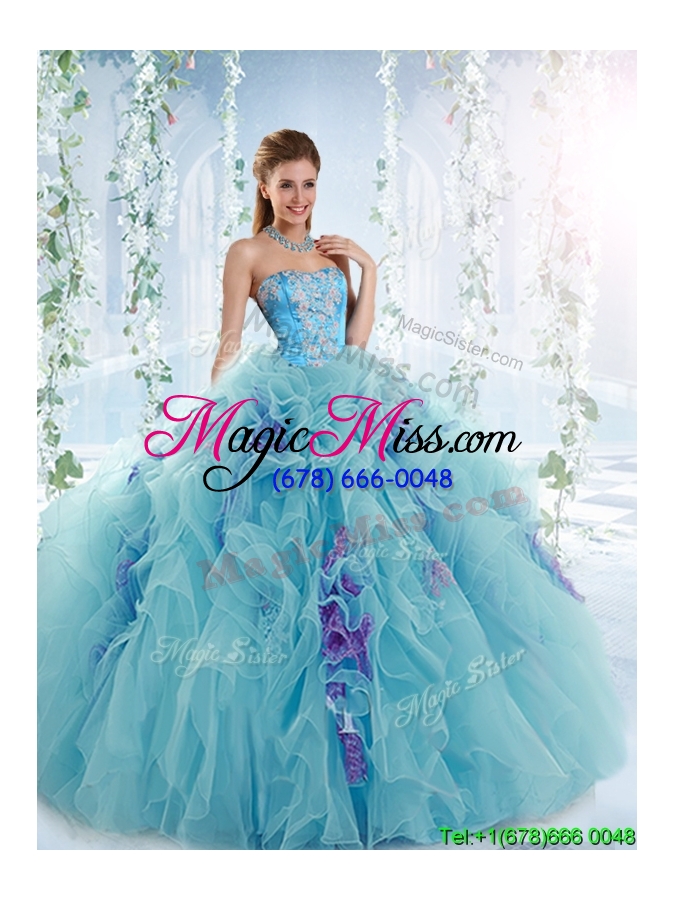 wholesale exquisite applique bodice aqua blue detachable quinceanera gowns in organza