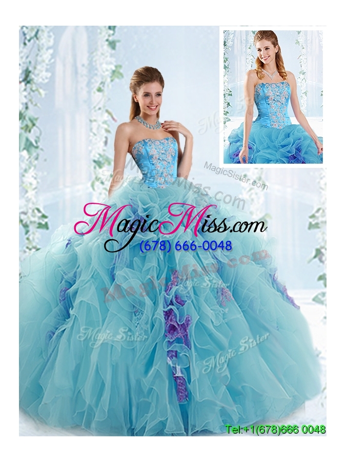 wholesale exquisite applique bodice aqua blue detachable quinceanera gowns in organza