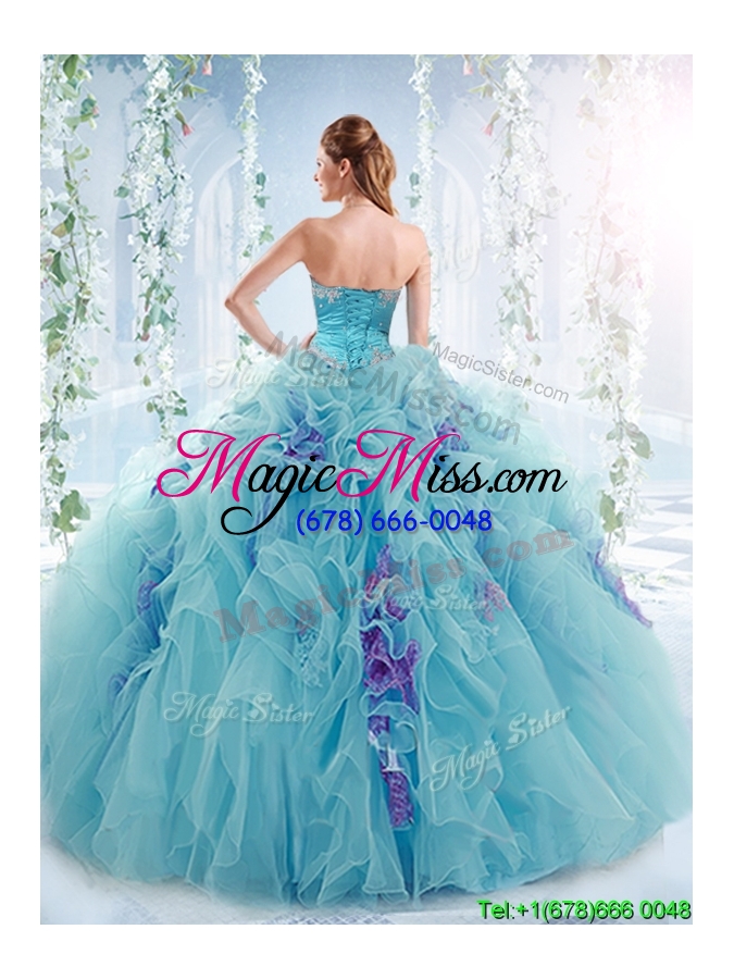 wholesale exquisite applique bodice aqua blue detachable quinceanera gowns in organza