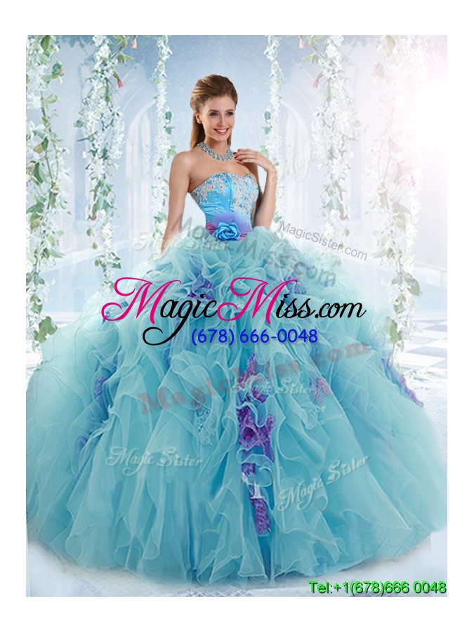 wholesale exquisite applique bodice aqua blue detachable quinceanera gowns in organza