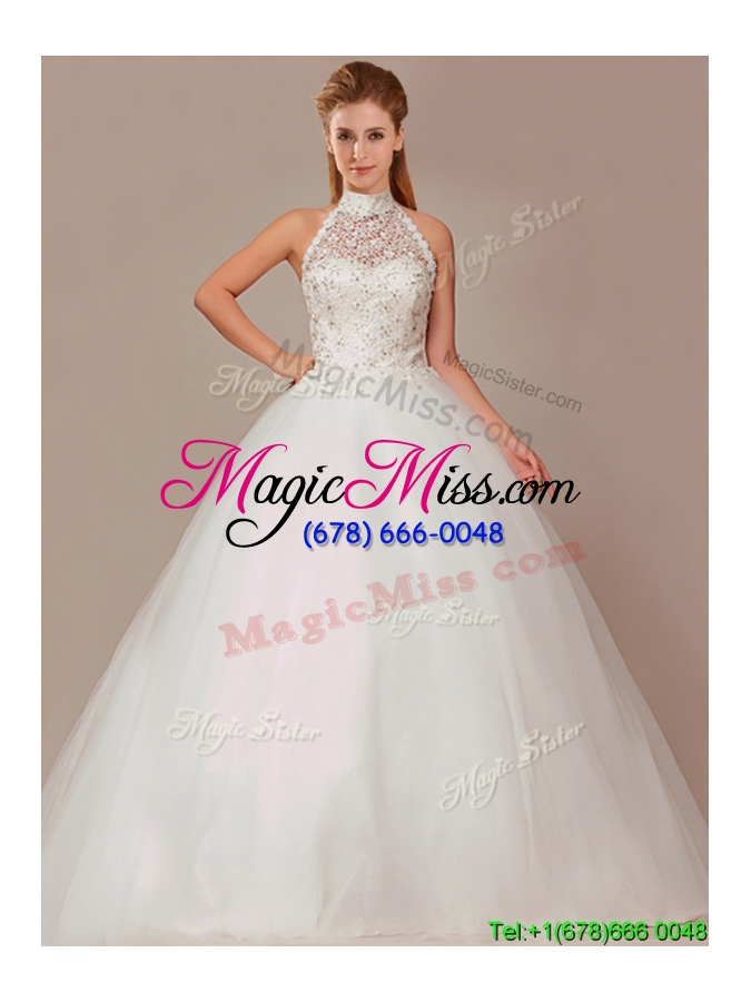 wholesale fashionable ball gown high neck wedding dresses with beading and appliques