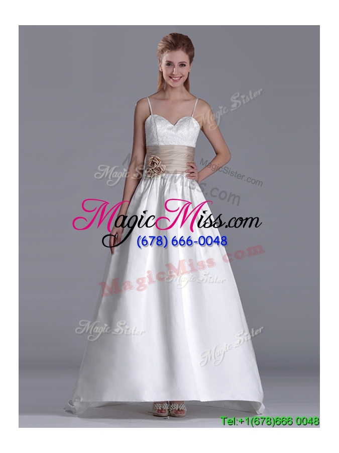 wholesale perfect spaghetti straps brush train wedding dress with belt and handmade flowers