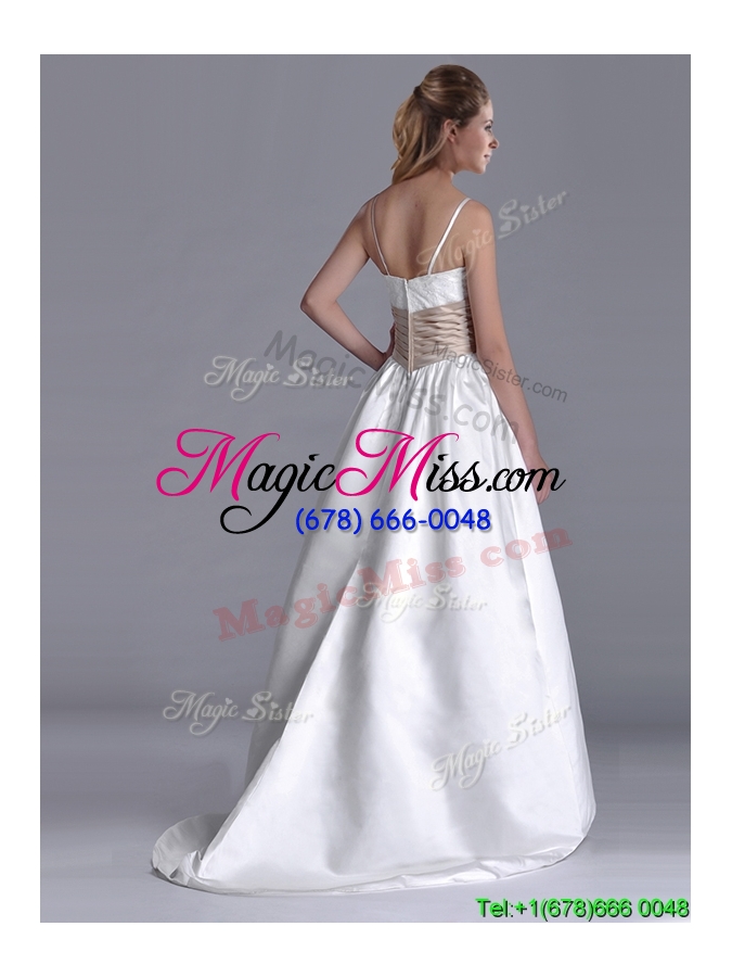 wholesale perfect spaghetti straps brush train wedding dress with belt and handmade flowers