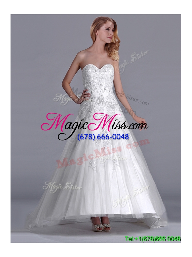 wholesale popular a line brush train tulle zipper up bridal dress with beading and lace