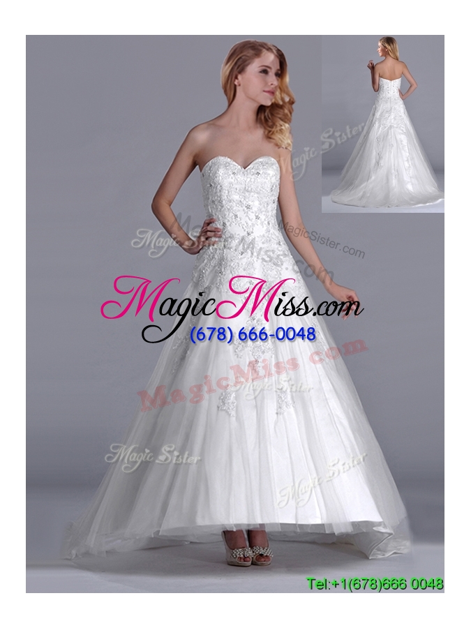 wholesale popular a line brush train tulle zipper up bridal dress with beading and lace