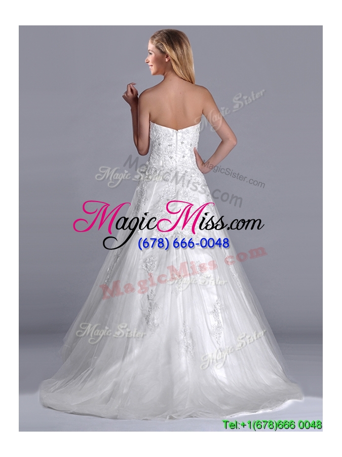 wholesale popular a line brush train tulle zipper up bridal dress with beading and lace