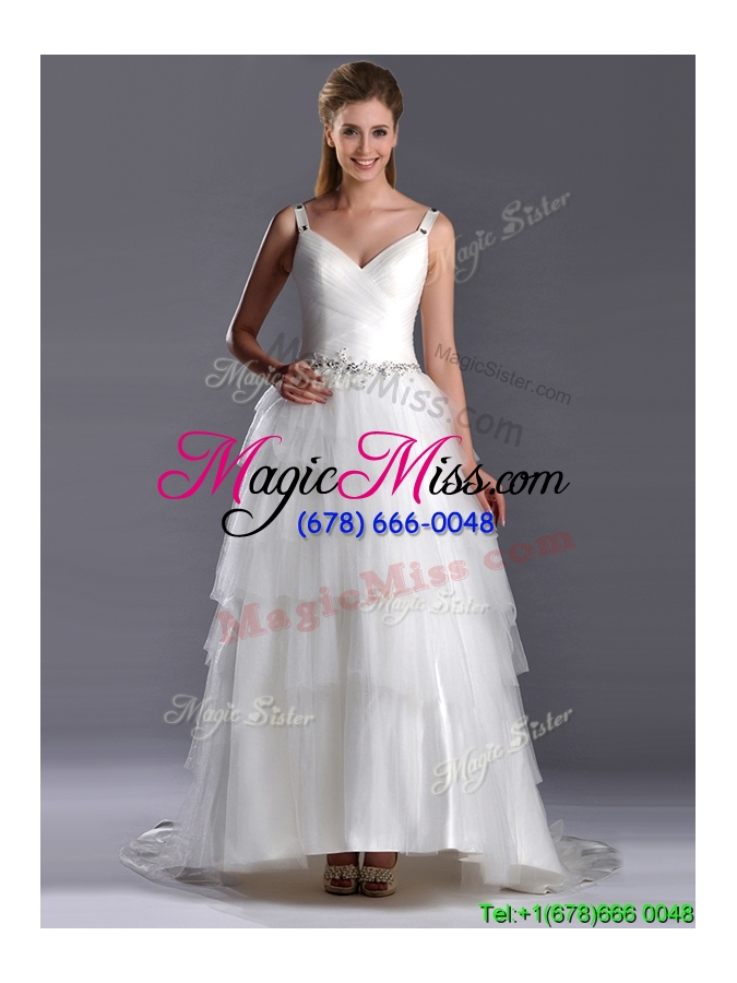 wholesale perfect straps princess tulle beaded wedding dress with brush train