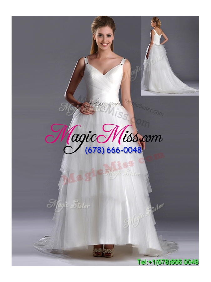 wholesale perfect straps princess tulle beaded wedding dress with brush train