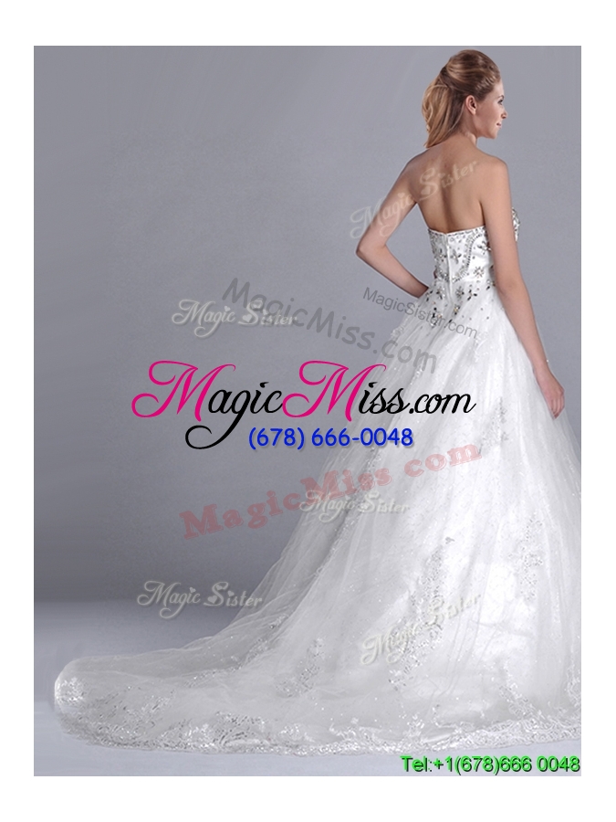 wholesale luxurious strapless princess brush train beaded wedding dress in tulle