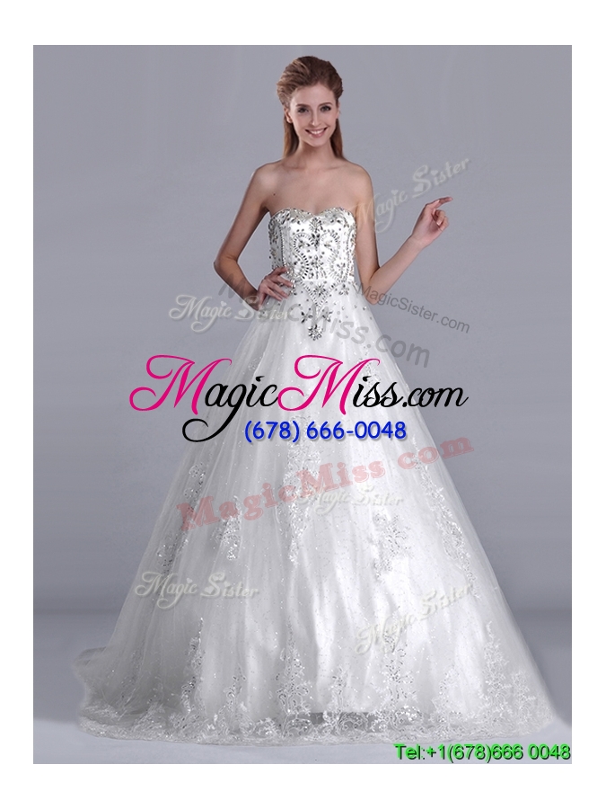 wholesale luxurious strapless princess brush train beaded wedding dress in tulle