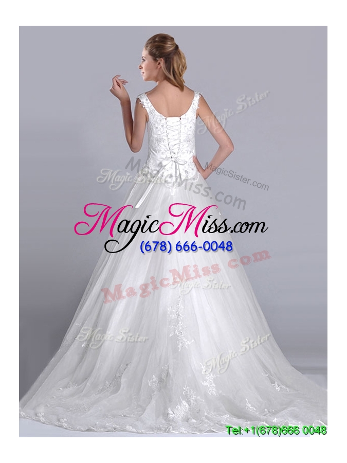 wholesale 2016 elegant scoop brush train tulle wedding dress with beading and embroidery