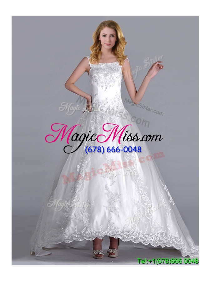 wholesale 2016 elegant scoop brush train tulle wedding dress with beading and embroidery