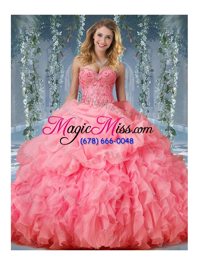 wholesale unique organza big puffy watermelon quinceanera dress with beading and ruffles