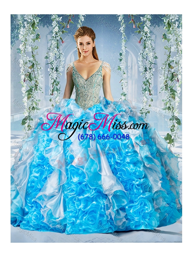 wholesale unique blue and white quinceanera dress in beaded decorated cap sleeves