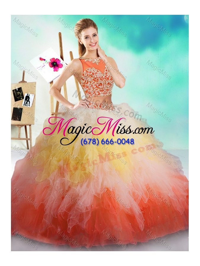 wholesale fashionable see through beaded and ruffled unique quinceanera dress in rainbow colored